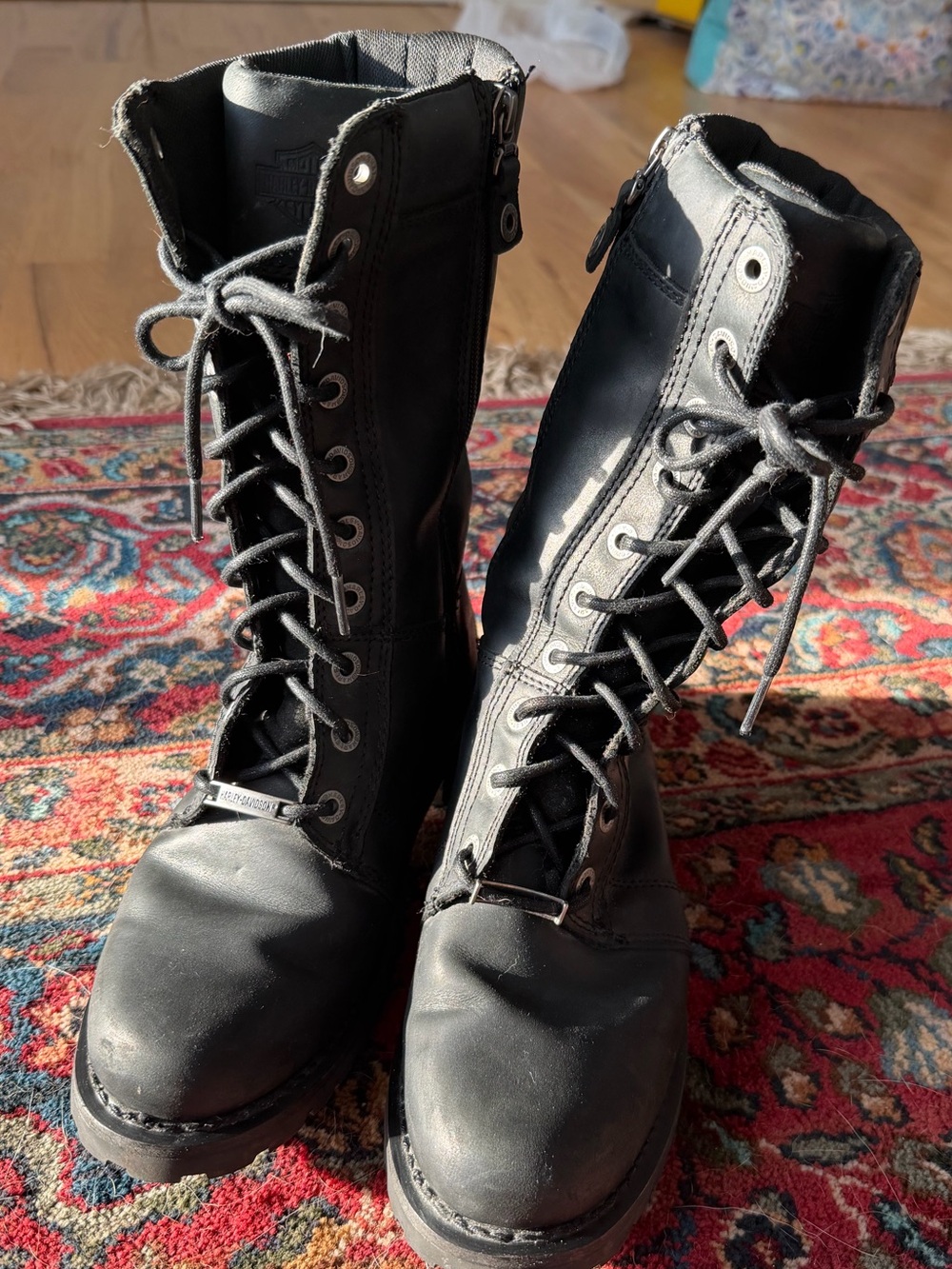 Harley-Davidson Black Lace-Up Combat Boots with Side Zips - Picture 9 of 13